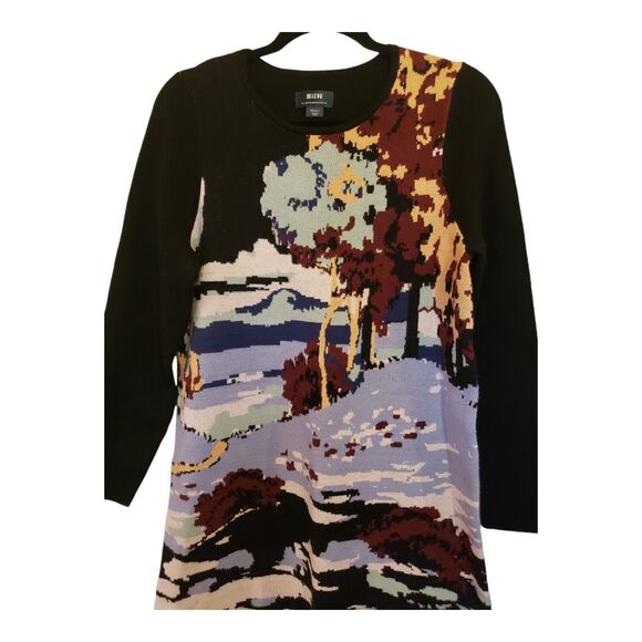 Anthropologie Maeve Scenic Min Sweater Dress Black Lavender Red Tan Motif Small - Picture 3 of 11